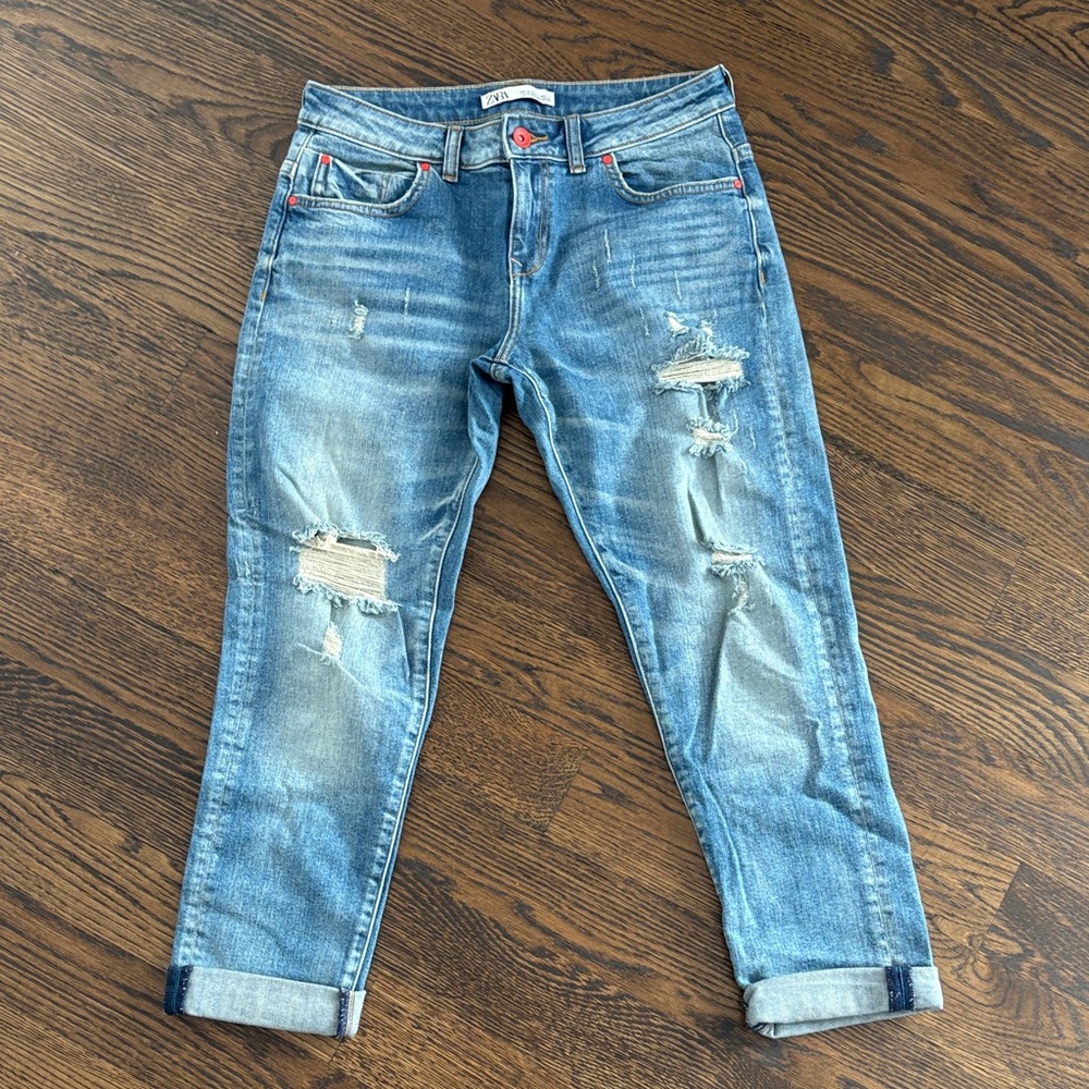 Zara Light Blue Distressed Ankle Jeans